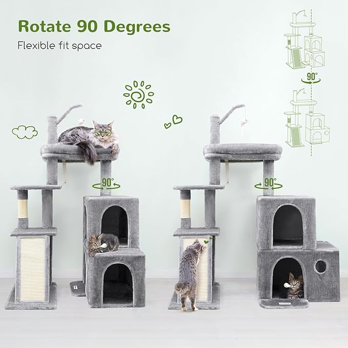 Globlazer Cat Tower for Indoor Adult Cats, 50-inch Heavy Duty Cat Tree House for Big Cats with Extra-Large Padded Platform, Sisal Scratching Board, 2 Large Condos, F50, Light Grey