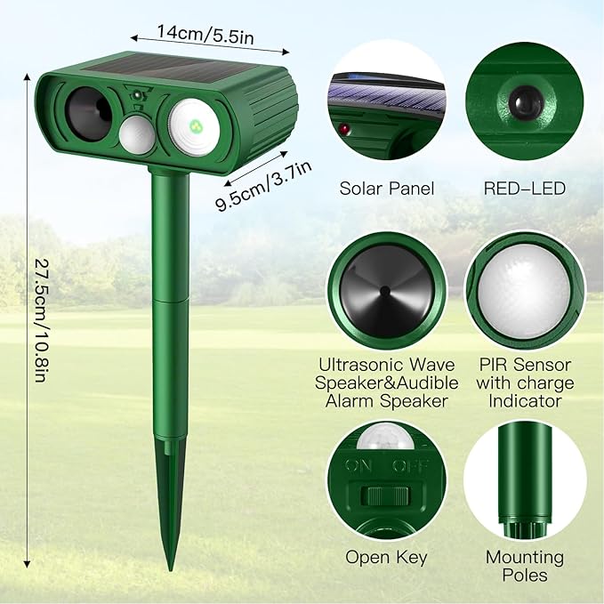 Animal Deterrent Devices Outdoor, Solar Animal Repeller with Motion Sensor Animal Repeller to Repel Cat, Deer, Squirrel, Rabbit, Skunk, Dog (Green - 1 Pack)