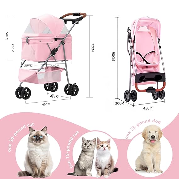 Pet Stroller for Small/Medium Dogs and Cats, Foldable 3 Wheel Jogger with One-Click Fold, Breathable Mesh, Storage Basket, Cup Holder, Weather Cover, (Pink)