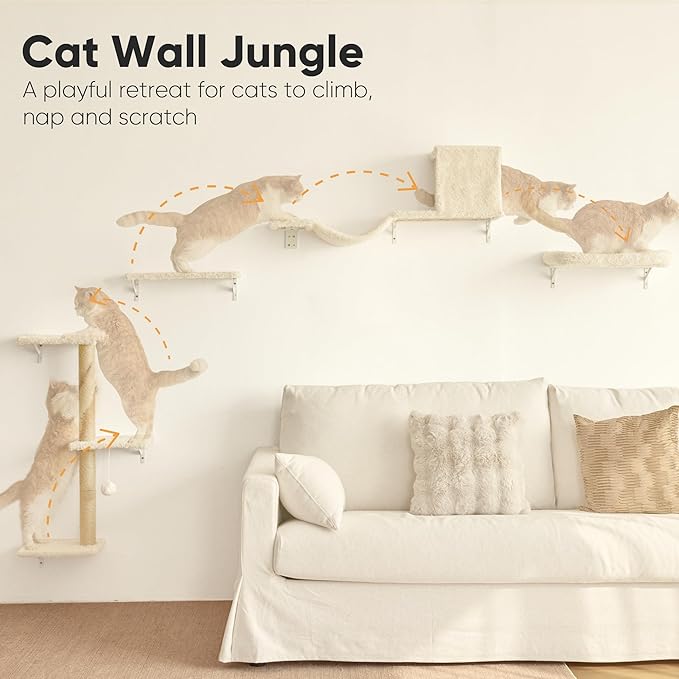 FUKUMARU Cat Wall Shelves, Stable & Safe 4 in 1 Cat Walls Furniture Set- Beige