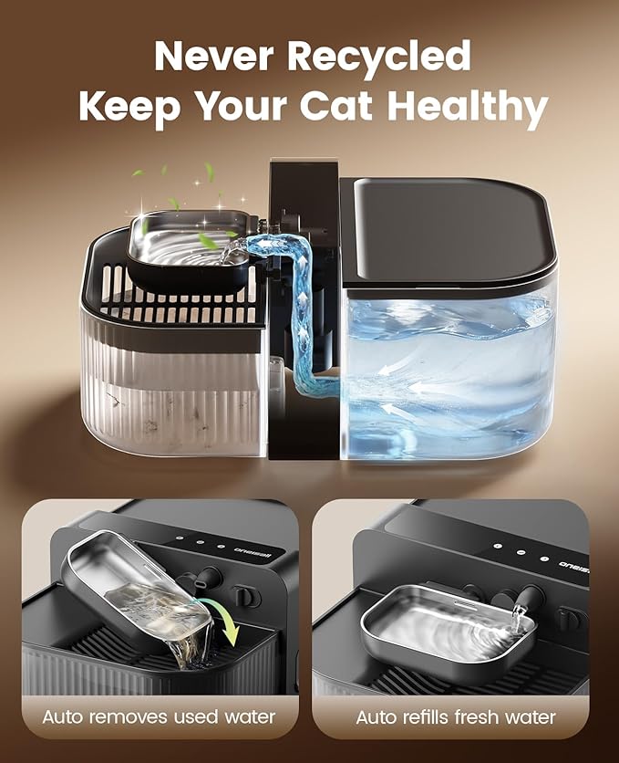 oneisall Wireless Filterless Cat Water Fountain, Separate Clean and Dirty Water Pet Fountain with Stainless Steel Bowl, 3.5L/118oz
