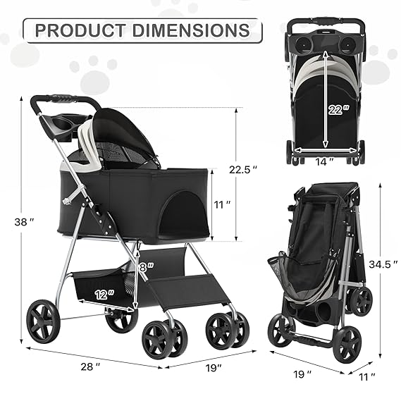 MoNiBloom 3 in 1 Foldable Pet Stroller for Small & Medium Dogs, Detachable Carrier, Car Seat, Push Button Entry, 4-Wheel Jogger for Pets up to 33 lbs, Black
