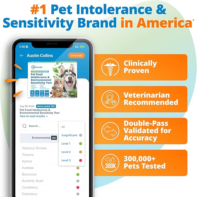 5Strands Pet Food Intolerance & Environmental Sensitivity Test, at Home Gut Health Test for Dogs & Cats, 857 Items Tested, Pet Health Check, Results in 4 Days, for All Ages and Breeds
