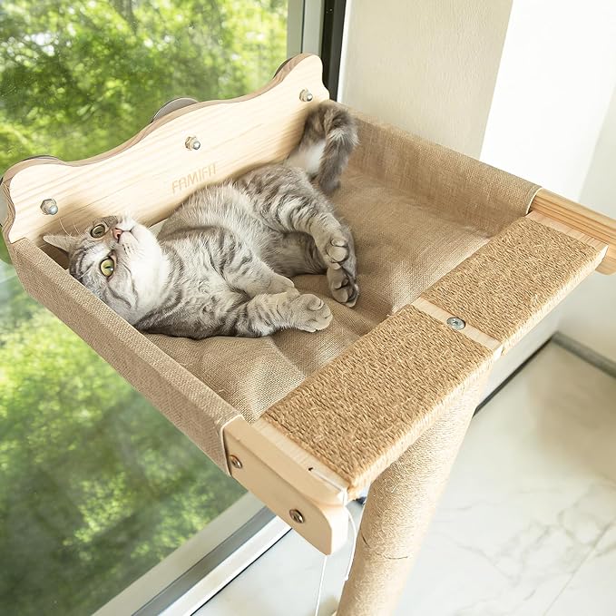 Cat Window Perch with 3 Adjustable Sisal Scratching Posts, Drill-Free Suction Cups, 45 lbs Capacity