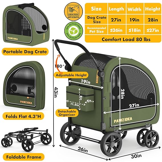 PAWZIDEA 3-in-1 Large Dog Stroller with Detachable Carrier up to 80lbs, Portable Dog Car Crate & Travel Kennel, Foldable Pet Stroller for 2 Medium Dogs, All-Terrain 9” Jogger Wheels, Adjustable Handle