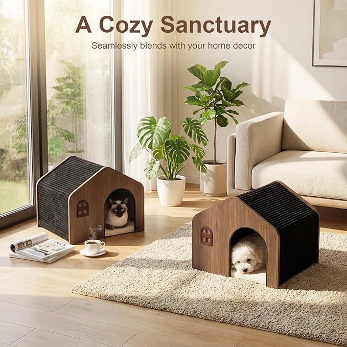 Modern Wooden Cat House Indoor – E0 Grade Enclosed Cat Cave Bed with Washable Cushion, Eco-Friendly Non-Toxic Pet Furniture for Kittens & Medium Cats
