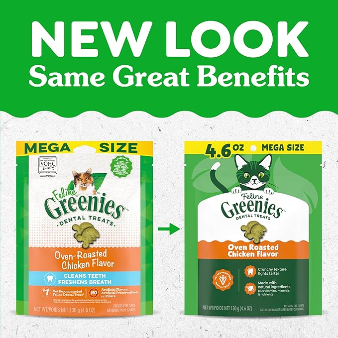 Greenies Cat Treats, Feline Veterinarian-Recommended Adult Natural Dental Cat Treats, Oven Roasted Chicken Flavor, 4.6 oz. Pouch