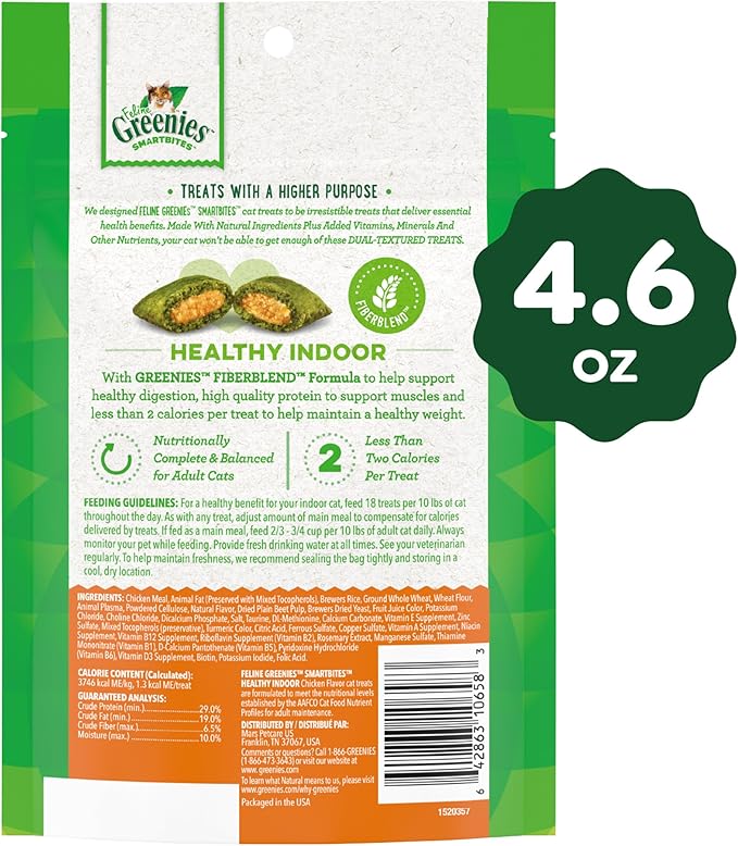 Greenies Feline Smartbites,Cat Treats Healthy Recipe,Indoor Cat Treats,Chicken Flavor,4.6 oz,(Pack of 2)
