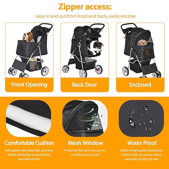 Pet Stroller for Dogs, Black 4 Wheels Cat Strolling Cart Foldable Travel Carrier