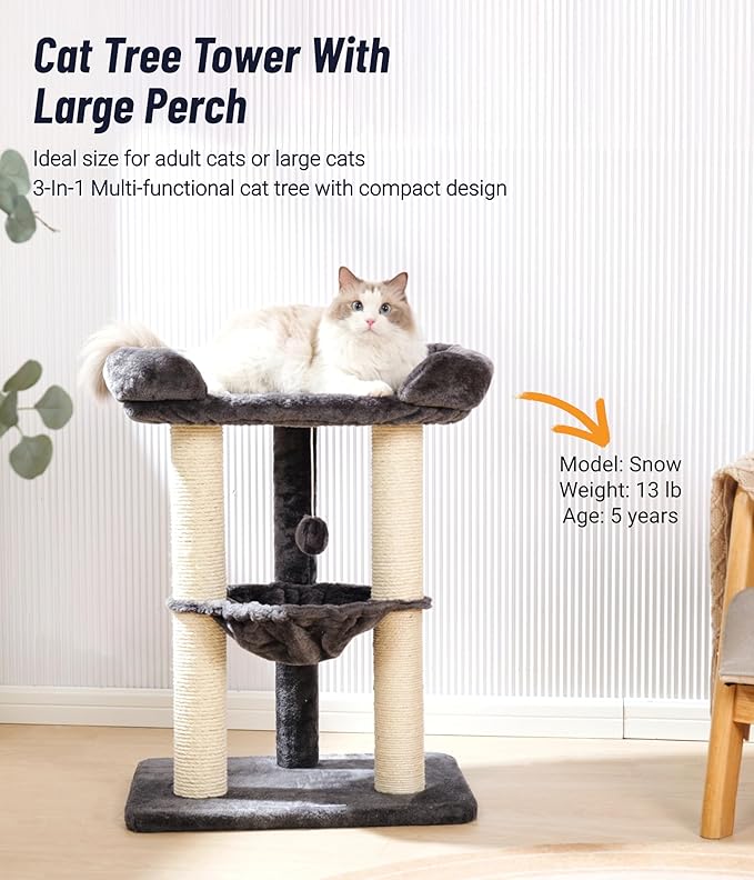 Happi N Pets 28" Cat Tree Tower, Tall Cat Scratching Post with Soft Perch for Window Viewing, Large Bed for Big Cats, Stable & Compact Cat Tower with Hammock, Removable Cover-Gray