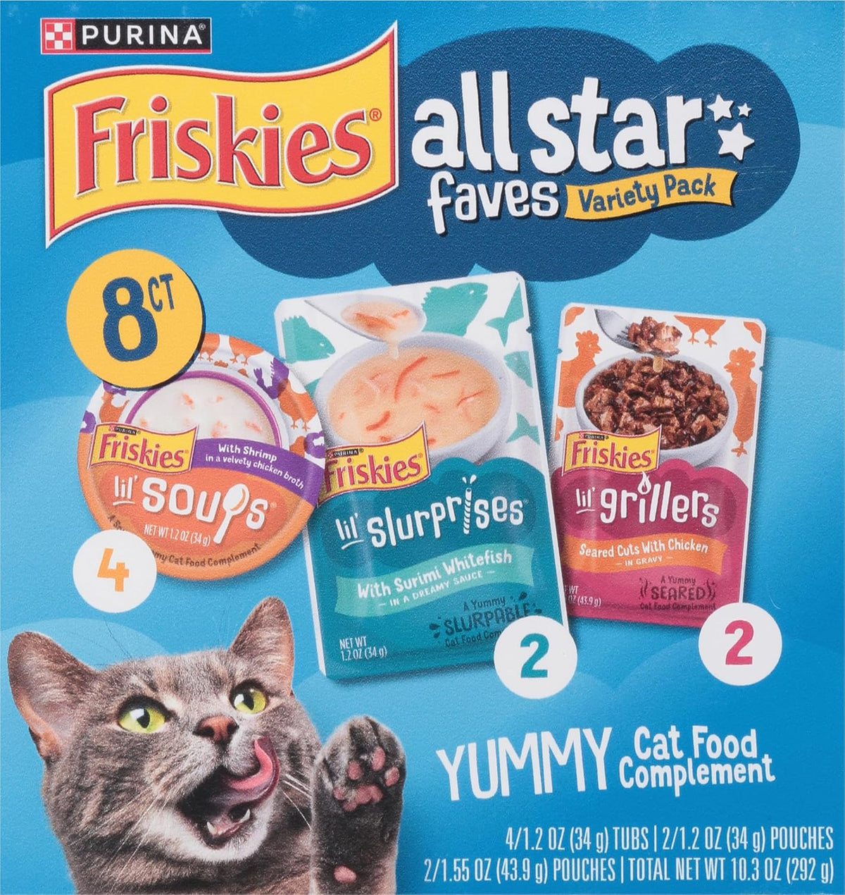 Friskies, All Star Faves Cat Food Complements Lil Soups, Lil Grillers, Lil Slurprises 8 Count,10.3 Ounce