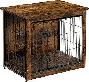 DWANTON Dog Crate Furniture with Cushion, Wooden Kennel Table with Double Doors, Indoor Dog House, Small/Medium/Large/Extra Large Size, 27.2" L, Rustic Brown