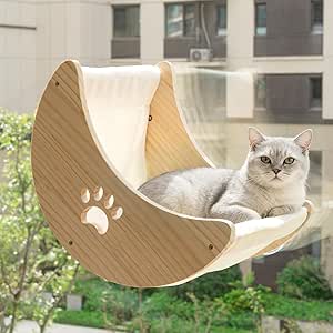 Cat Window Perch Hammock, Wooden Moon Cat Shelves with Strong Suction Cups