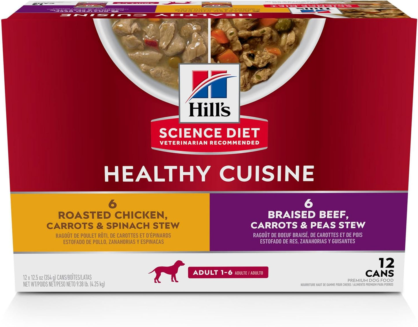 Hill's Science Diet Healthy Cuisine, Adult 1-6, Great Taste, Wet Dog Food, Variety Pack: Roasted Chicken, Carrots & Spinach; Braised Beef , Carrots & Peas Stew, 12.5 oz Can Variety Pack, Case of 12