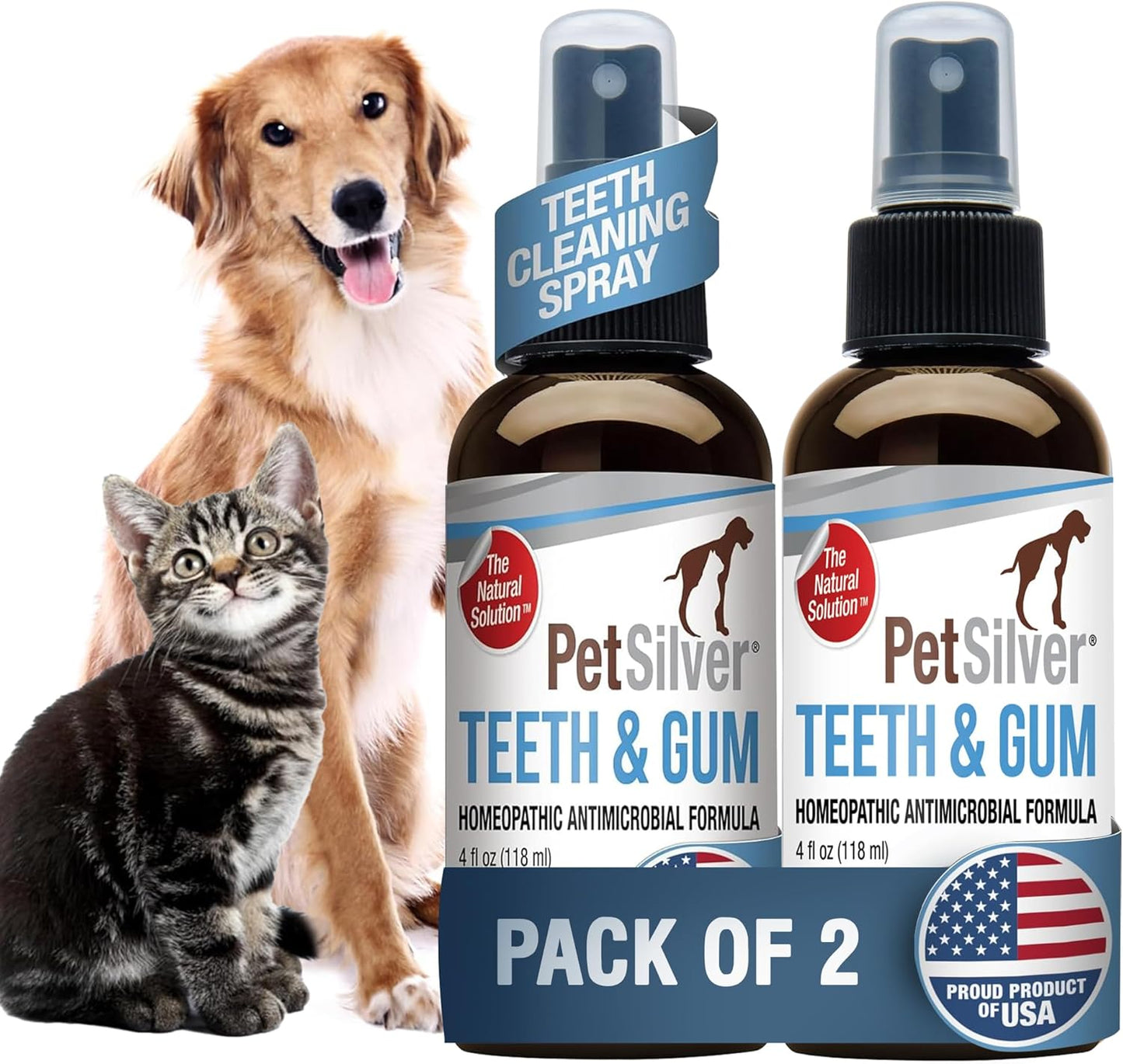 PetSilver Teeth & Gum Spray - Dog Dental & Teeth Cleaning Spray for Plaque & Tartar Build-Up Reduction - Made in USA - 4oz, 2-Pack
