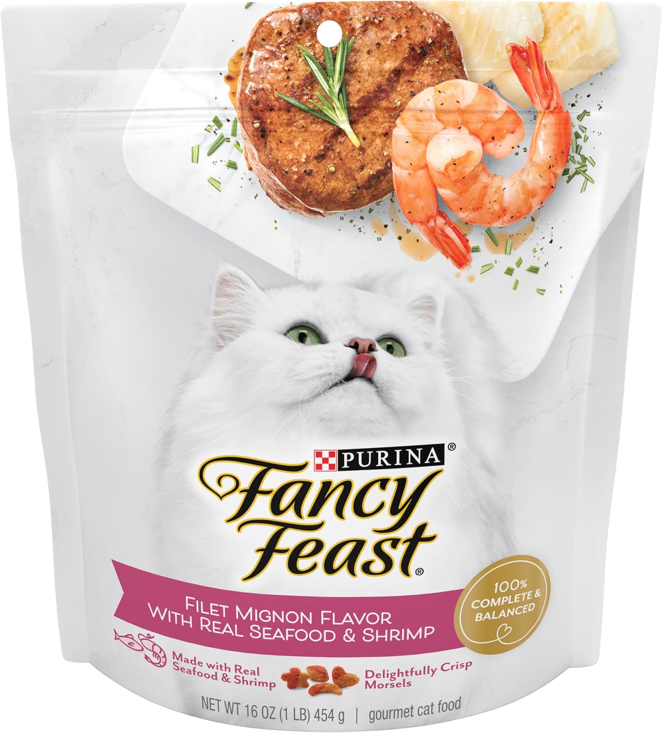 Purina Fancy Feast Dry Cat Food, Filet Mignon Flavor with Real Seafood & Shrimp, Gourmet Cat Food with Added Vitamins & Minerals, 16 OZ Resealable Bag (Pack of 1)