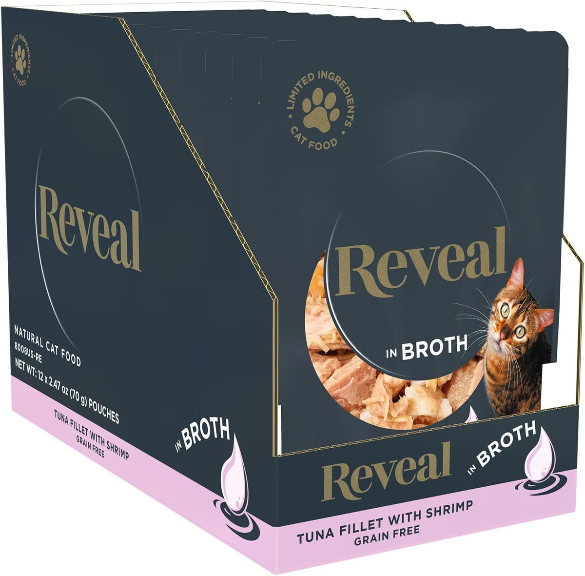 Reveal Natural Wet Cat Food, Limited and Natural Ingredients, Grain Free, High Protein with No Artificial Additives, Tuna Fillet with Shrimp in Broth (12 x 2.47 oz Pouches)