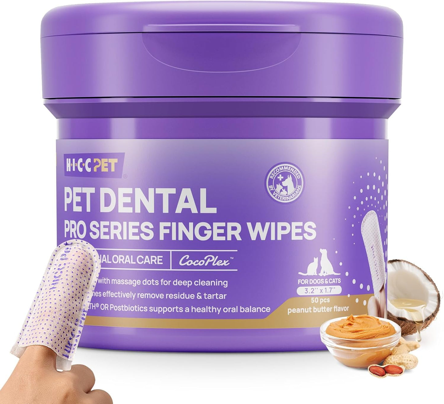 HICC PET Pro Dog Teeth Cleaning Wipes, Vet-Recommended Finger Toothbrush for Dogs & Cats, 50 Count (Peanut Butter)