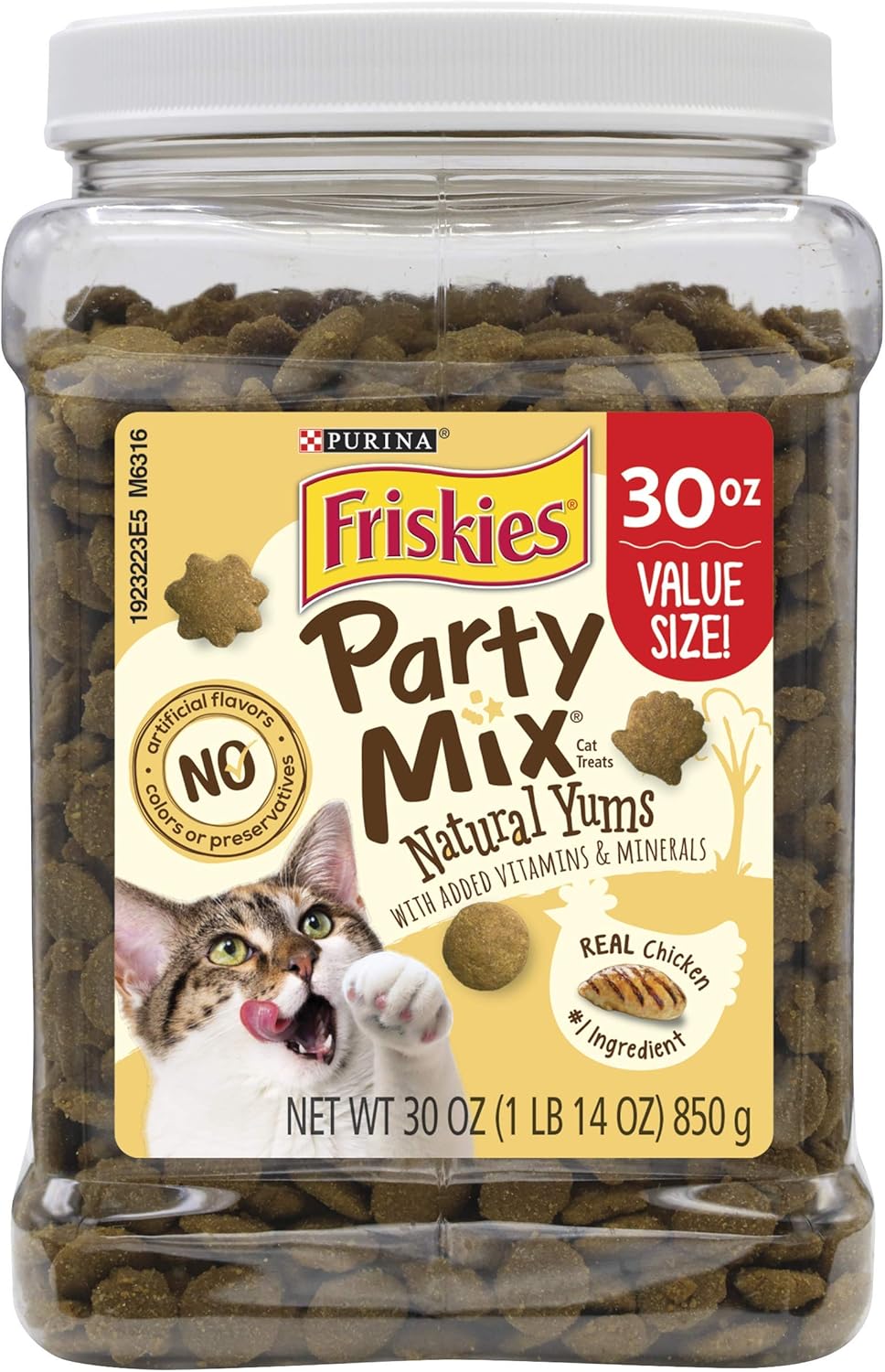 Purina Friskies Natural Cat Treats, Party Mix Natural Yums With Real Chicken & Vitamins, Minerals & Nutrients - 30 oz. Canister
