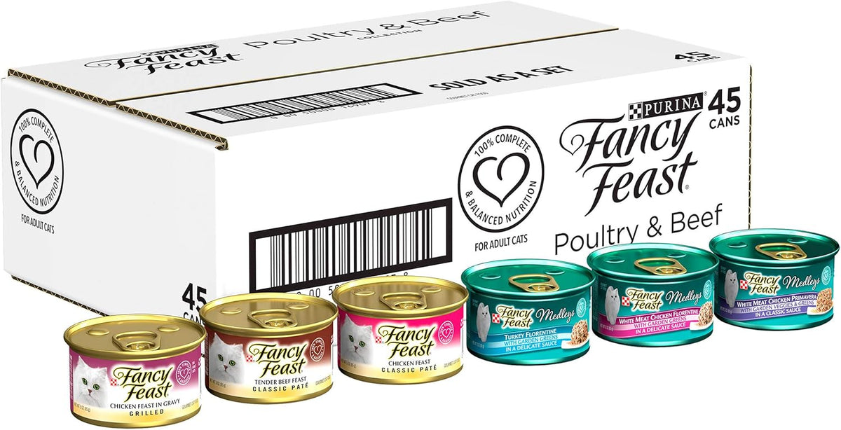 Purina Fancy Feast Wet Cat Food Variety Pack, Poultry & Beef Collection - (Pack of 45) 3 oz. Cans