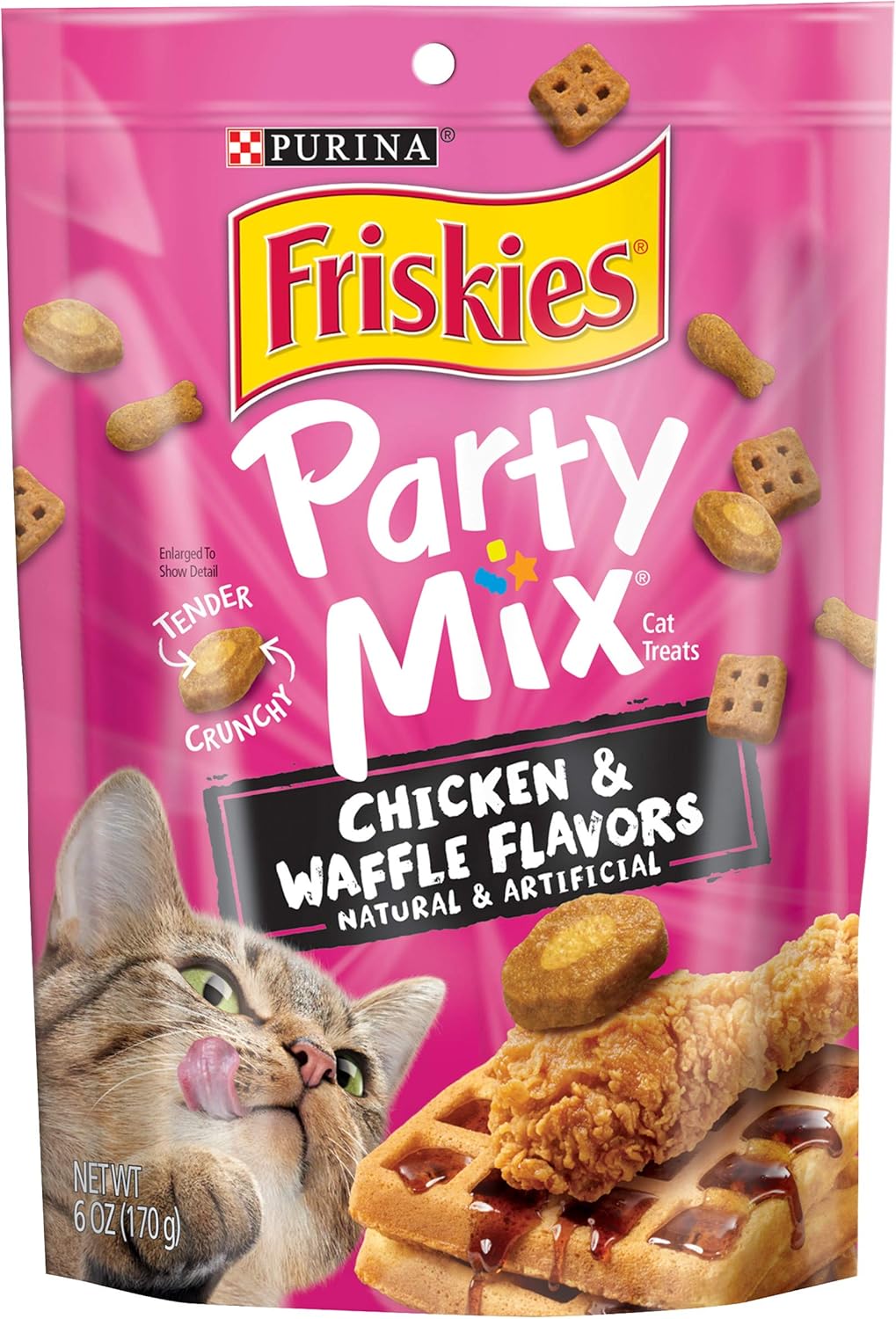 Purina Friskies Made in USA Facilities Cat Treats, Party Mix Chicken & Waffle Flavors - (Pack of 6) 6 oz. Pouches