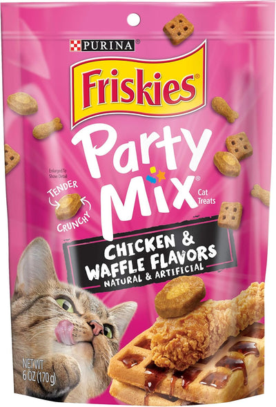 Purina Friskies Made in USA Facilities Cat Treats, Party Mix Chicken & Waffle Flavors - (Pack of 6) 6 oz. Pouches