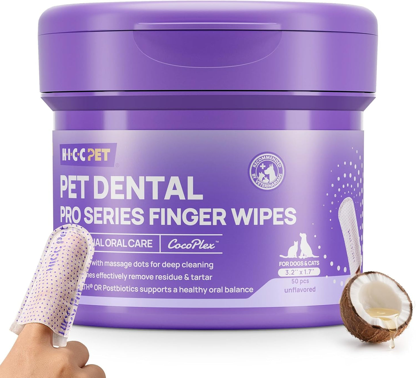 HICC PET Pro Teeth Cleaning Wipes, Vet-Recommended Dog Finger Toothbrush, 50 Count, Unscented