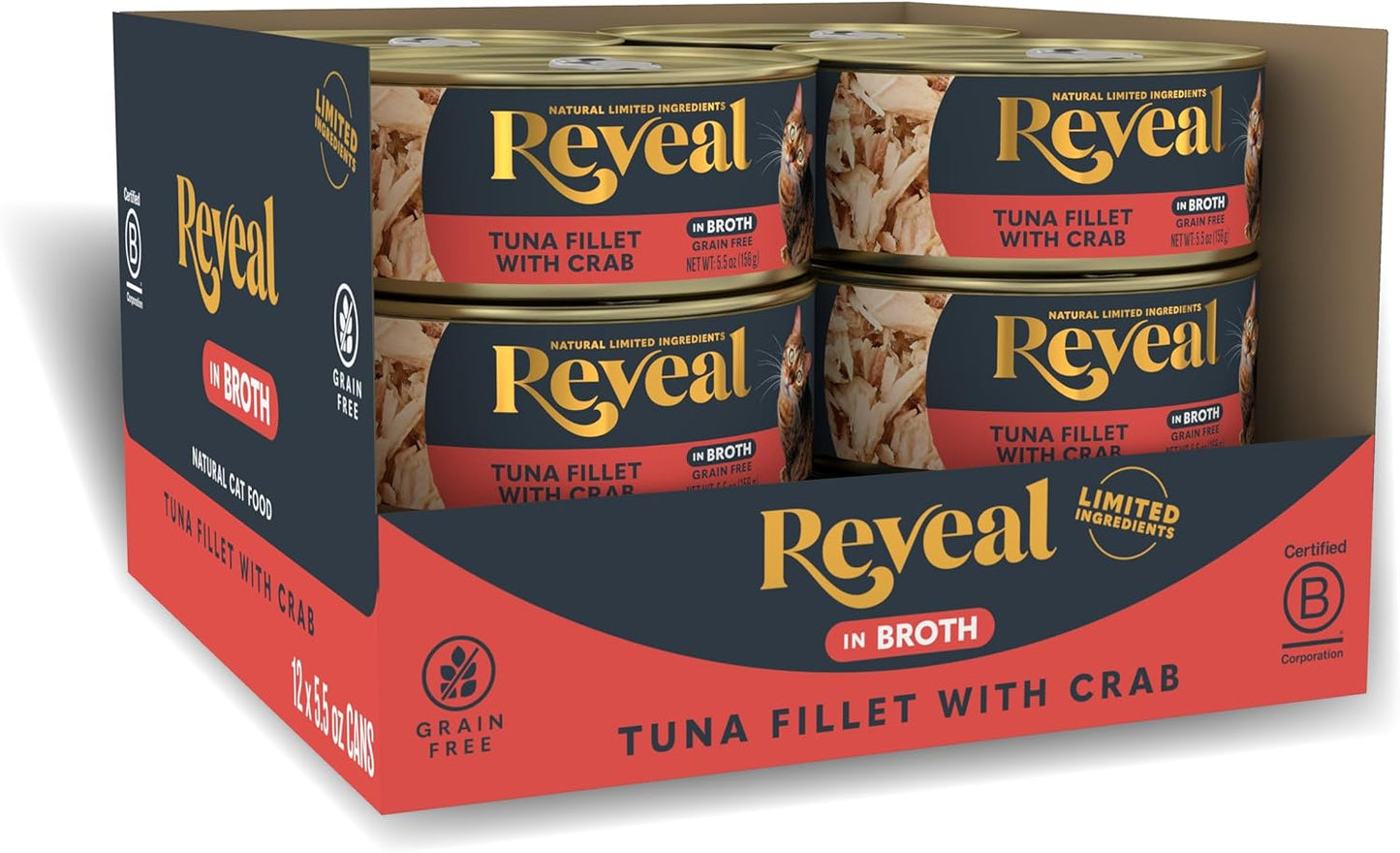 Reveal Natural Wet Cat Food, 12 Count, Grain Free,5.5 oz Cans,Limited Ingredient Canned Food for Cats, Tuna Fillet with Crab