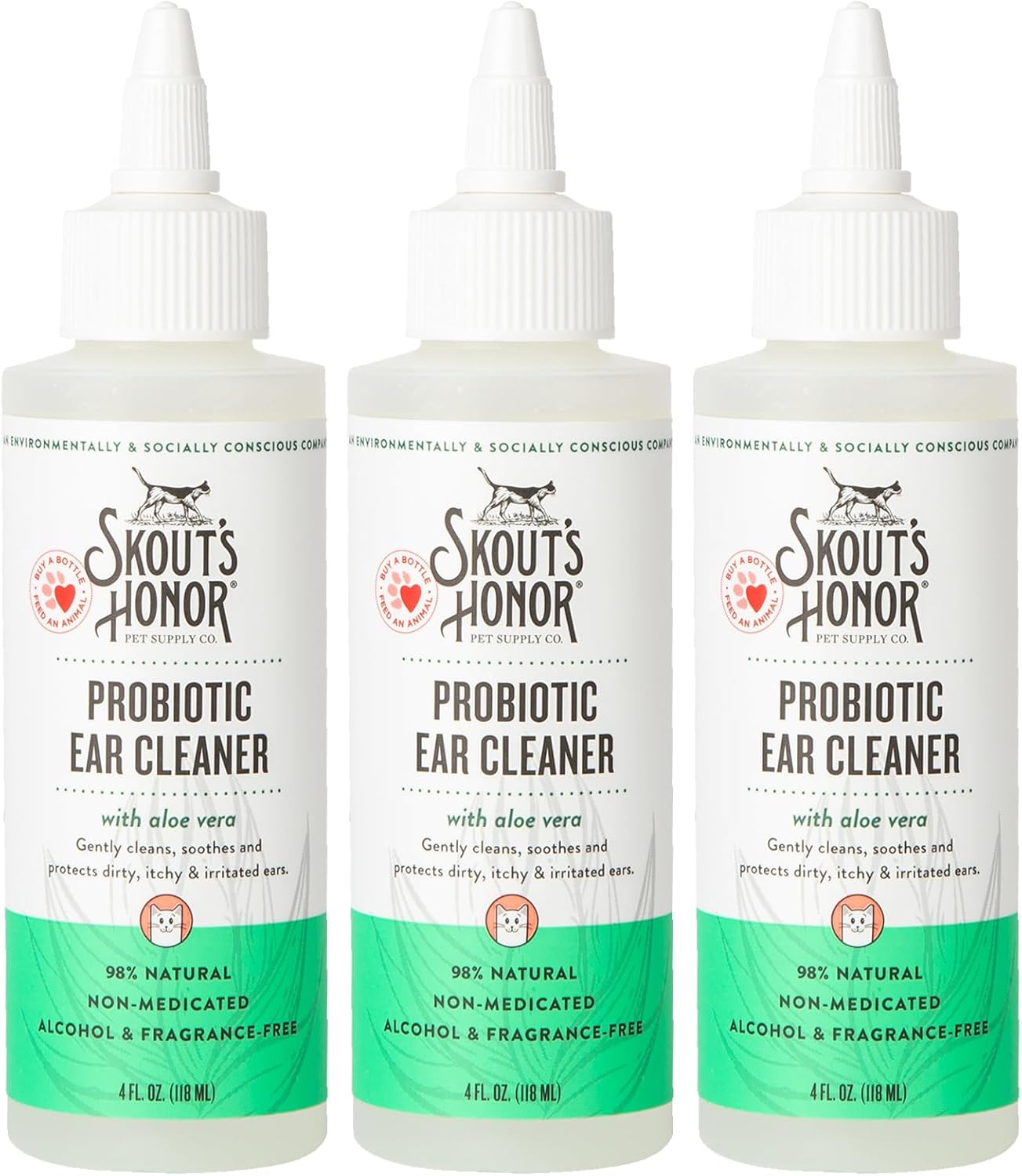 SKOUT'S HONOR Cat Ear Cleaner Solution with Aloe Vera - Alcohol-Free, Fragrance-Free, Non-Medicated Ear Wash for Cats, 4 oz., 3-Pack