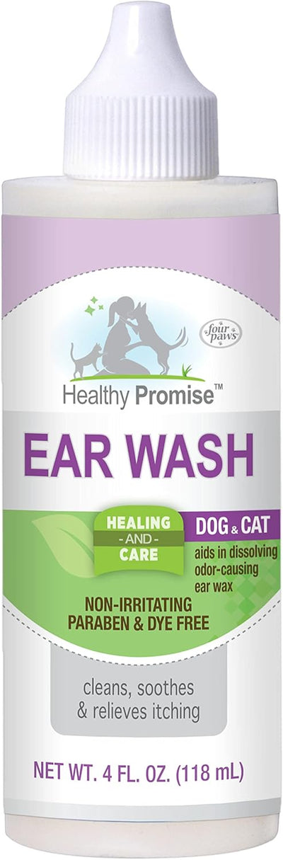Four Paws Healthy Promise Grooming Soothing Pet Ear Wash Cleaner for Dogs and Cats, Odor Reducing & Itch Relief, 4 oz.