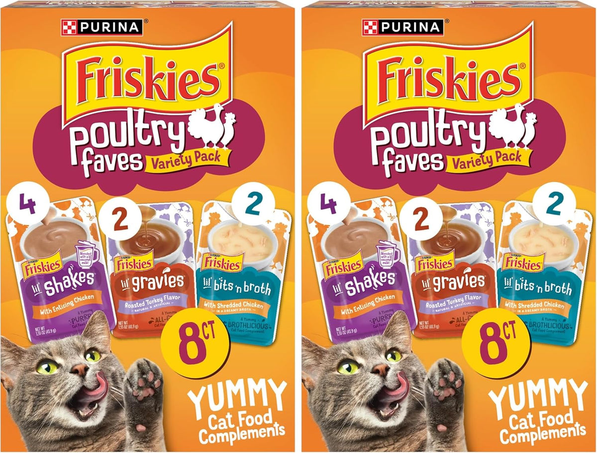 Friskies Purina Poultry Faves Broth and Gravy Cat Food Complements Variety Pack - 8 ct. Box (Pack of 2)
