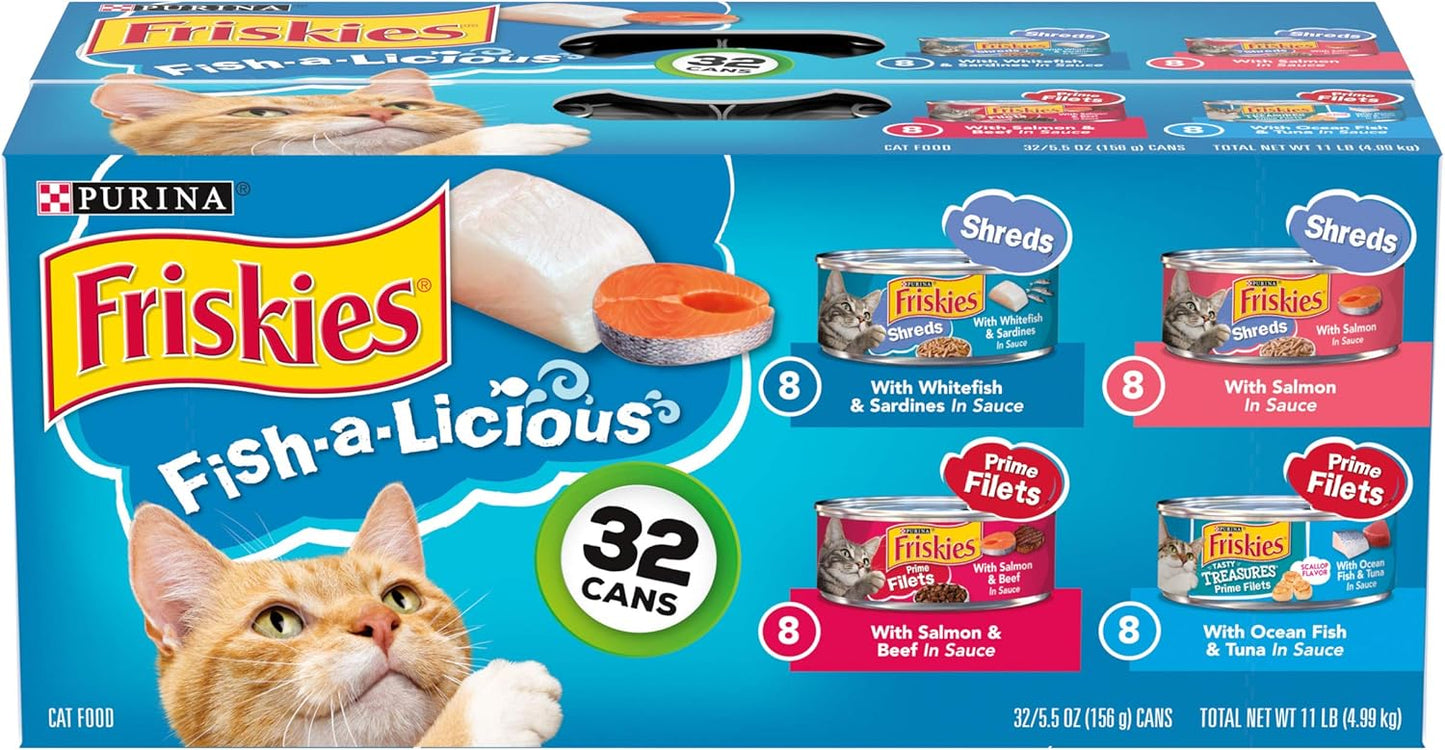 Purina Friskies Wet Cat Food Variety Pack Fish-A-Licious Extra Gravy, Prime Filets and Tasty Treasures - (Pack of 32) 5.5 oz. Cans