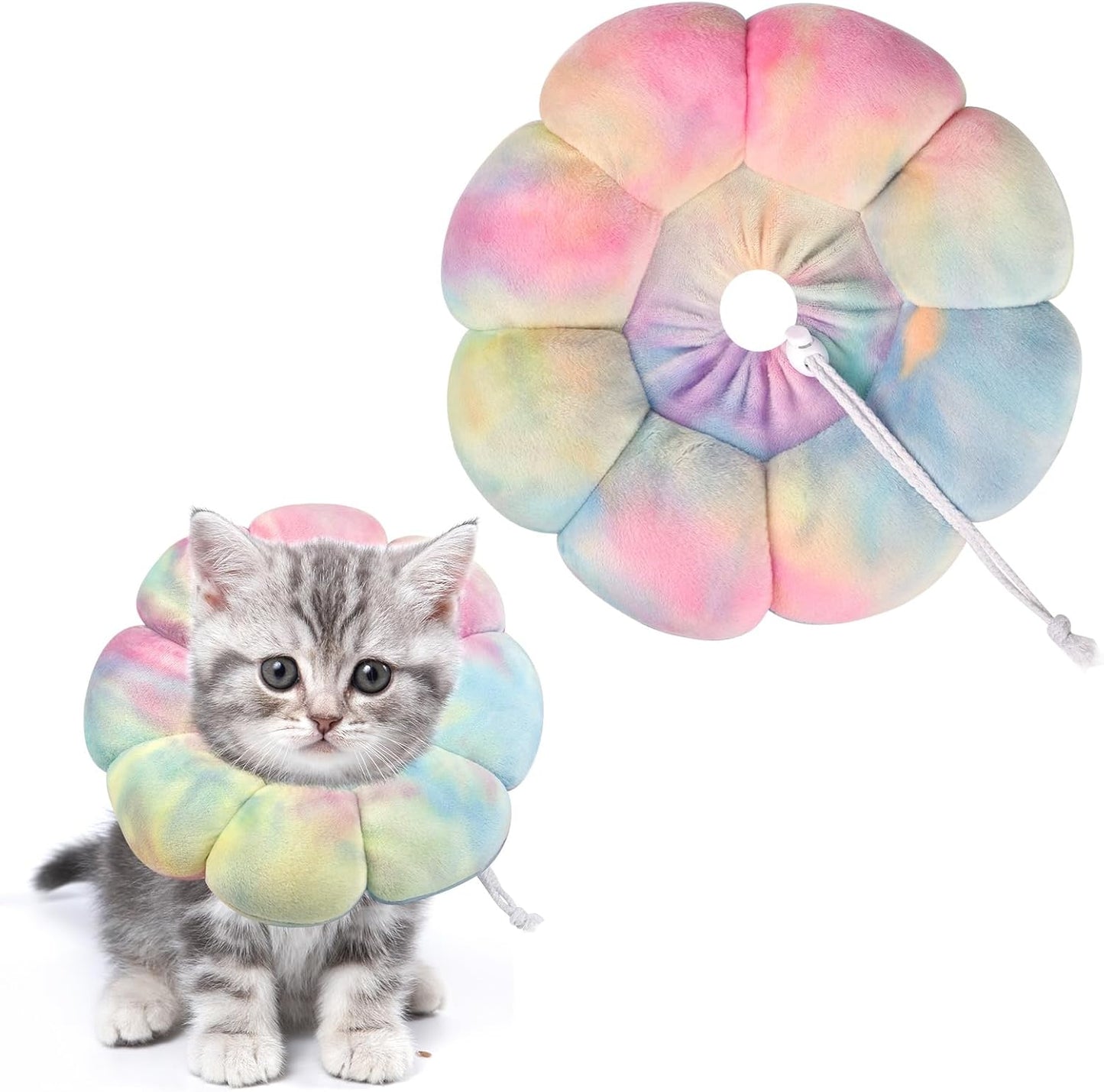 Flower Cat Cone, Uadonile Adjustable Cat Cone Collar, Soft Dog Elizabethan Collar Recovery E Collar After Surgery, Recovery E-Collar for Kittens/Puppies and Cats Recovery(Tie-dye Pink Blue, S)