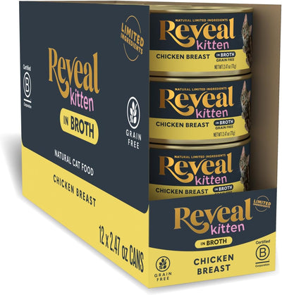 Reveal Natural Wet Kitten Food, Limited and Natural Ingredients, Grain Free, High Protein with No Artificial Additives, Chicken Breast in Broth (12 x 2.47 oz Cans)