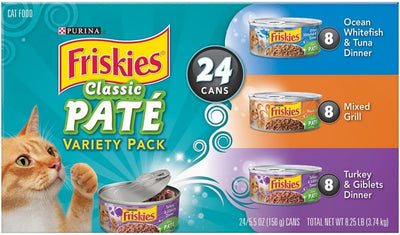 Friskies Wet Cat Food, Classic Pate Variety Pack, Ocean Whitefish and Tuna, Mixed Grill and Turkey and Giblets Dinner, (24) 5.5 Oz Cans