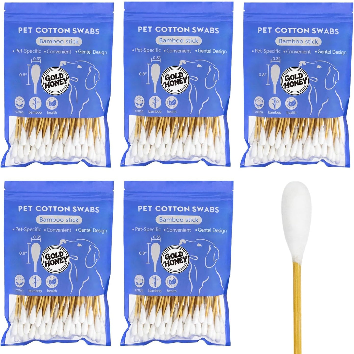 GOLD HONEY 6 Inch Large Cotton Swabs, 500PCS Dog Ear Swabs with Bamboo Handle for Dogs, Pet-Specific, Gentle Design, Lint-Free, Pet Cotton Stick Ear Cleaning