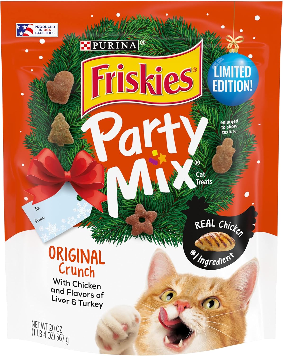 Purina Friskies Made in USA Facilities Cat Treats, Party Mix Original Crunch Holiday - 20 oz. Pouch
