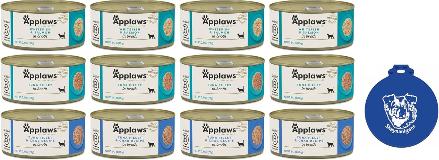 Applaws Additive Free Canned Cat Food in Broth in 3 Flavor Variety Bundle: (4) Whitefish and Salmon, (4) Tuna and (4) Tuna and Crab (12 Cans Total, 2.47 Ounces Each) Plus Shaynanigans Silicone Lid