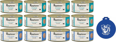 Applaws Additive Free Canned Cat Food in Broth in 3 Flavor Variety Bundle: (4) Whitefish and Salmon, (4) Tuna and (4) Tuna and Crab (12 Cans Total, 2.47 Ounces Each) Plus Shaynanigans Silicone Lid