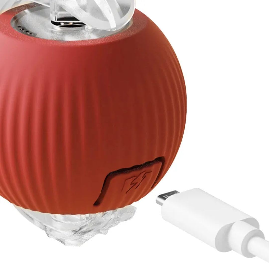 Automatic Cat Ball, RED, LED Lights, Indoors for Active Cats - Rechargeable, Smart Rolling, Speedy Tail/Rope