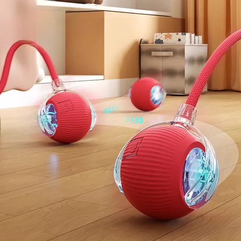 Automatic Cat Ball, RED, LED Lights, Indoors for Active Cats - Rechargeable, Smart Rolling, Speedy Tail/Rope