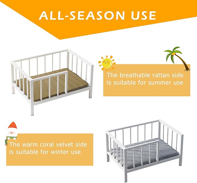 Dog Bed with Rails - Elevated Pet Metal Bed Frame, 21.3" x 30 ", White