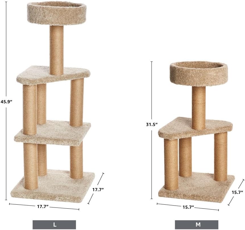 Basics Cat Tree Tower - Multi-Level Climbing Activity Center for Indoor Cats & Kittens with Scratching Posts, Platform, Jute Rope, Large (45.9"H), Beige