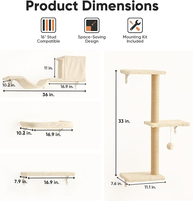 FUKUMARU Cat Wall Shelves, Stable & Safe 4 in 1 Cat Walls Furniture Set- Beige