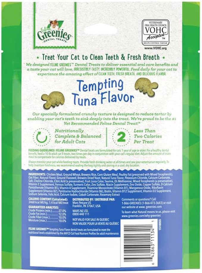 Greenies Cat Treats, Veterinarian-Recommended Adult Natural Dental Cat Treats, Tempting Tuna Flavor, 4.6 oz. Tub