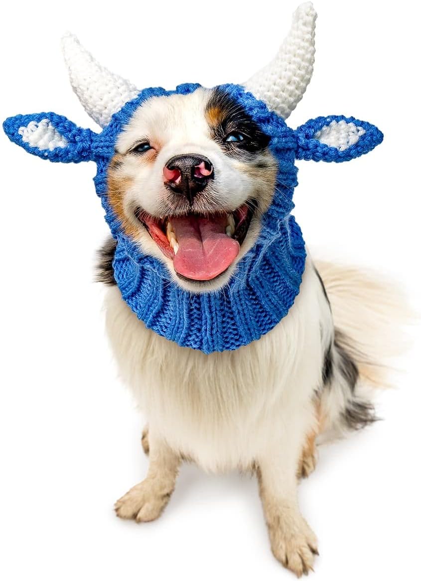 Zoo Snoods Blue Ox Costume - Warm Knit Dog Snood Wrap for Pets, Neck Ear Cover Protection for Halloween Winter (Small)