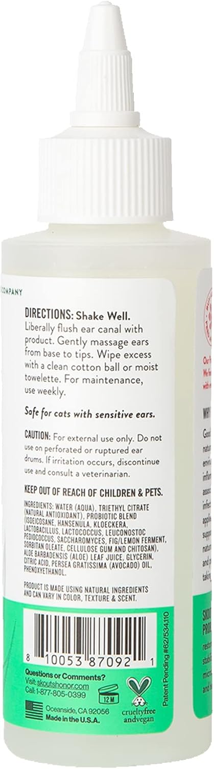 SKOUT'S HONOR Cat Ear Cleaner Solution with Aloe Vera - Alcohol-Free, Fragrance-Free, Non-Medicated Ear Wash for Cats, 4 oz., 3-Pack