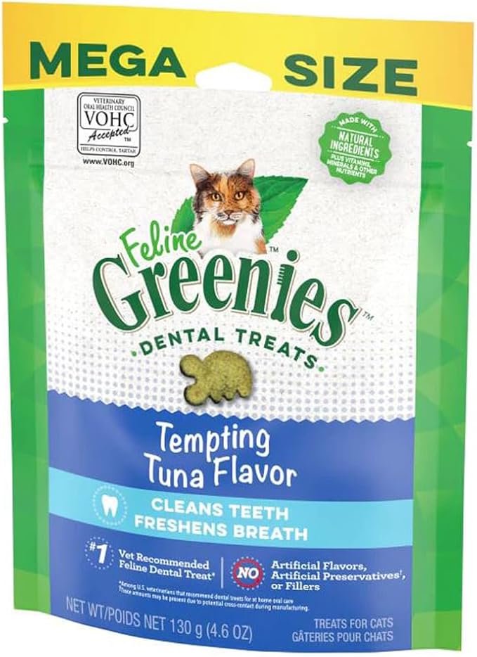 Greenies Cat Treats, Veterinarian-Recommended Adult Natural Dental Cat Treats, Tempting Tuna Flavor, 4.6 oz. Tub