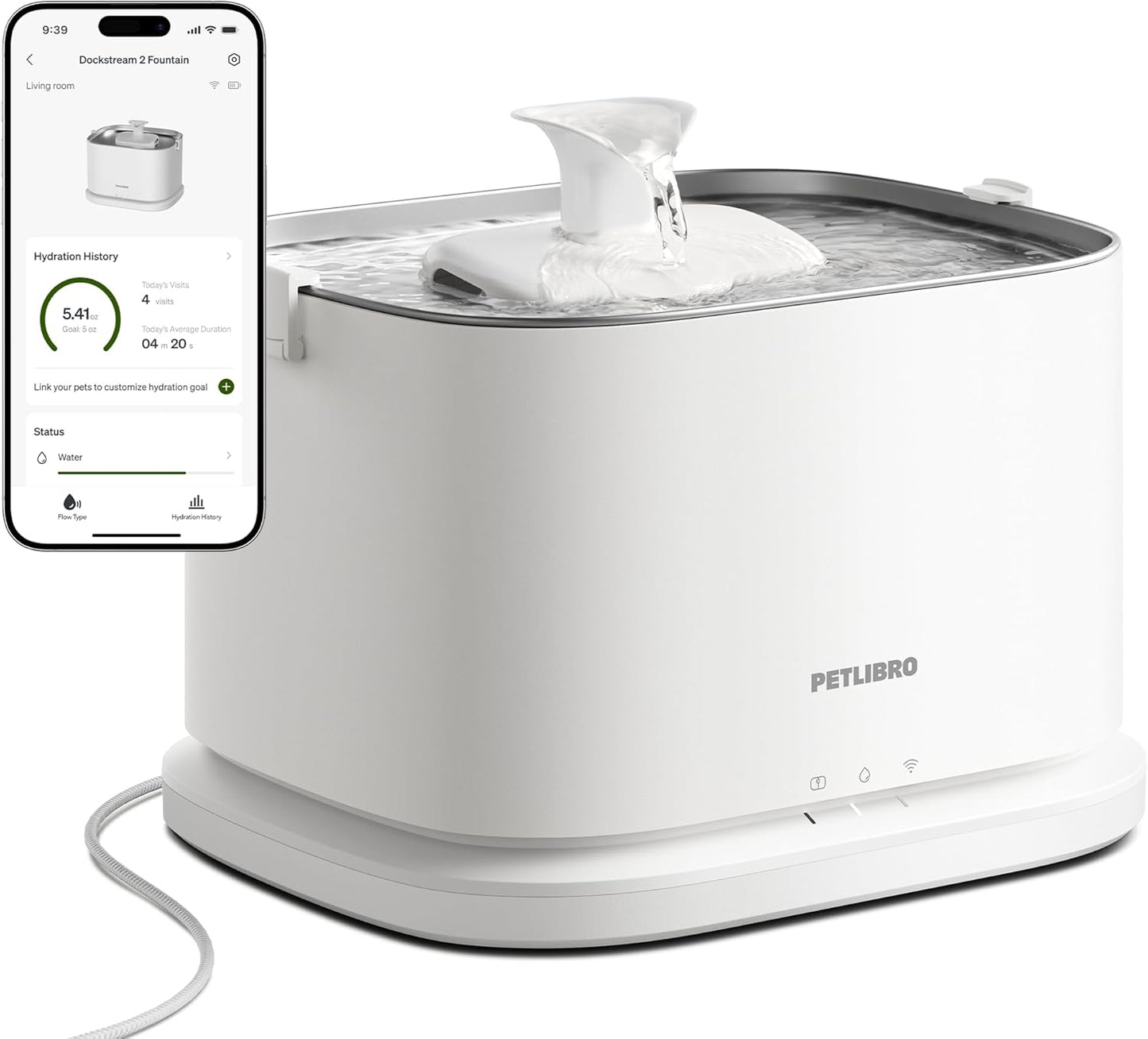 PETLIBRO Upgrade Cat Water Fountain, Dockstream 2 Smart App Monitoring Pet Water Fountain for Cats Indoor, 3L/101oz Cat Fountain Stainless Steel Tray for Drinking, 5G WiFi Auto Cat Water Dispenser Dog