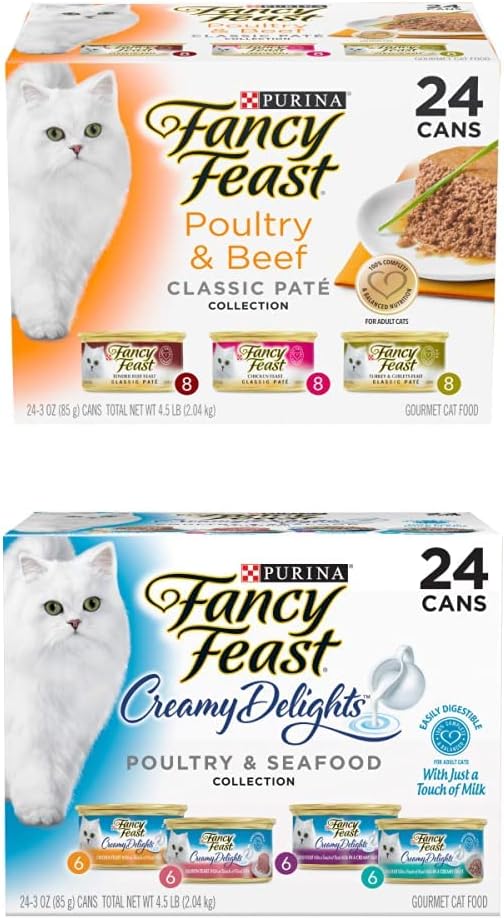 Purina Fancy Feast Grain Free Pate Wet Cat Food Variety Pack, Poultry & Beef Collection and Creamy Delights Poultry & Seafood Collection